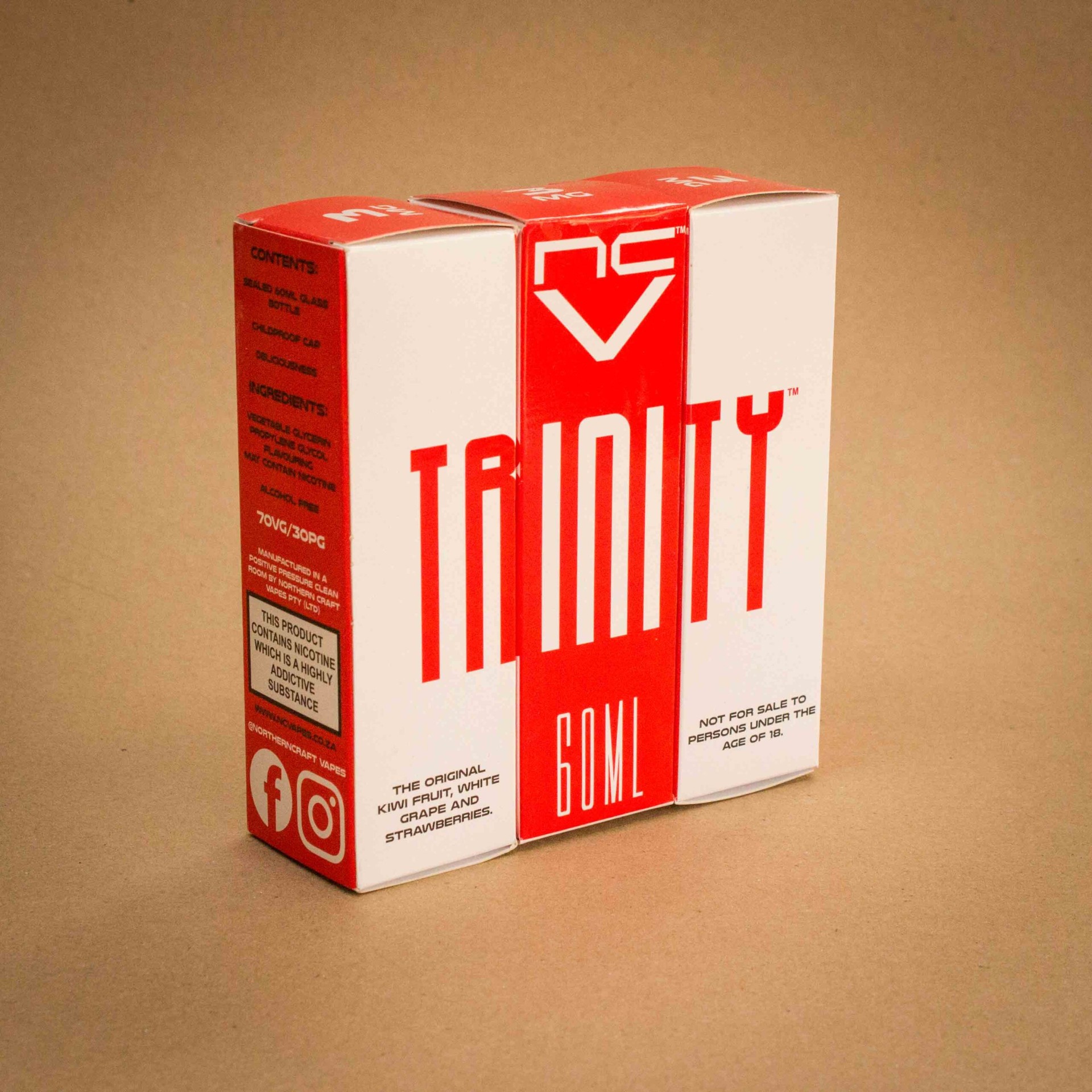 Northern Craft Vapes Trinity 60ml vape juice folding carton in red and white