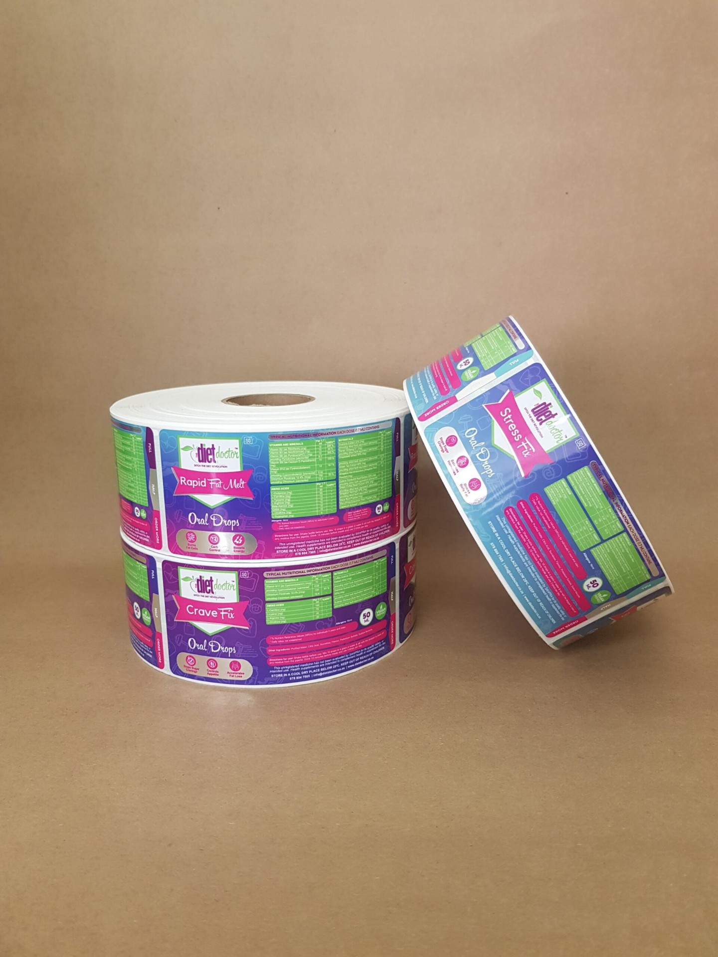 Diet Doctor product label rolls for Rapid Fat Melt, Crave Fix and Stress Fix oral drops