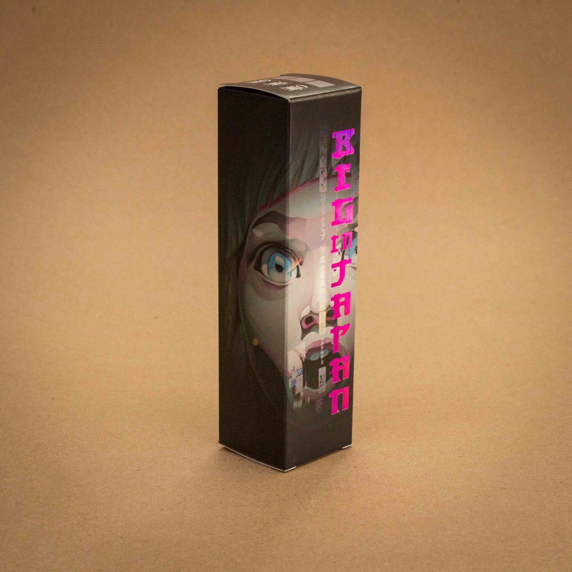 Big in Japan vape folding carton in matte black with pink foil typography and anime illustration