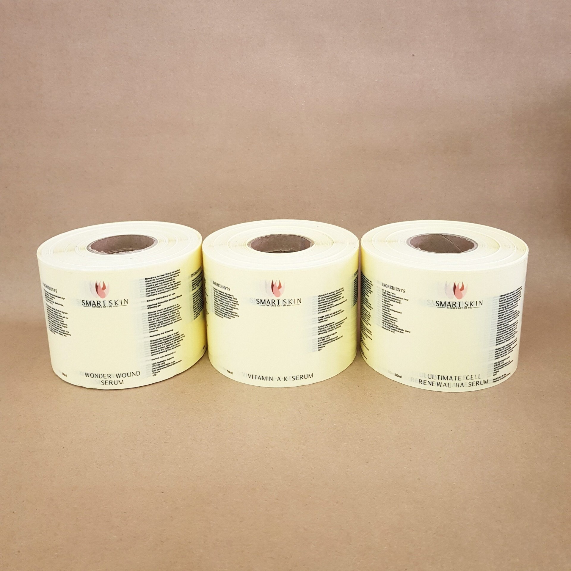 Smart Skin Wonder Wound, Vitamin A-K and Ultimate Cell Renewal HA serum label rolls in cream