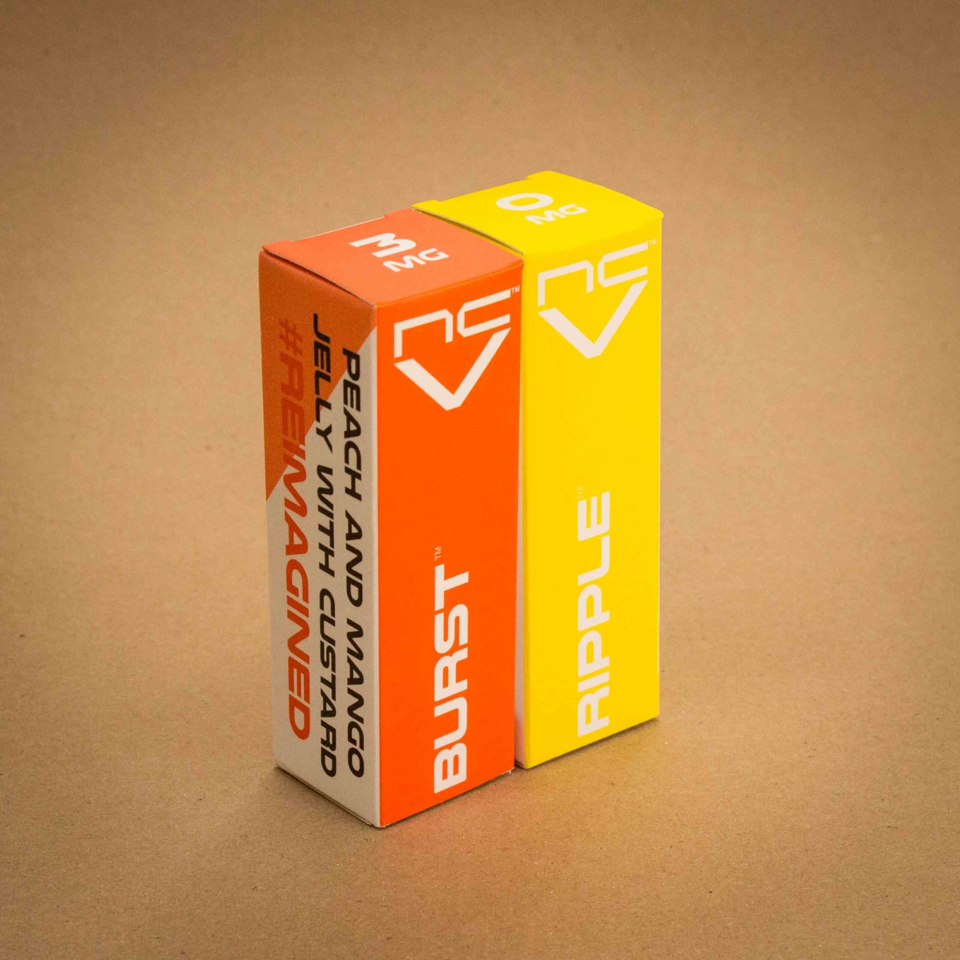 Northern Craft Vapes Burst and Ripple Reimagined vape carton pair in orange and yellow