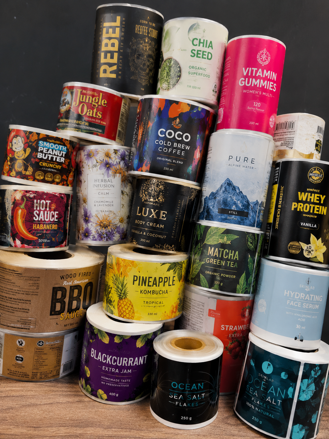 Stacked printed label rolls for food, beverages, supplements and household products on a wooden surface