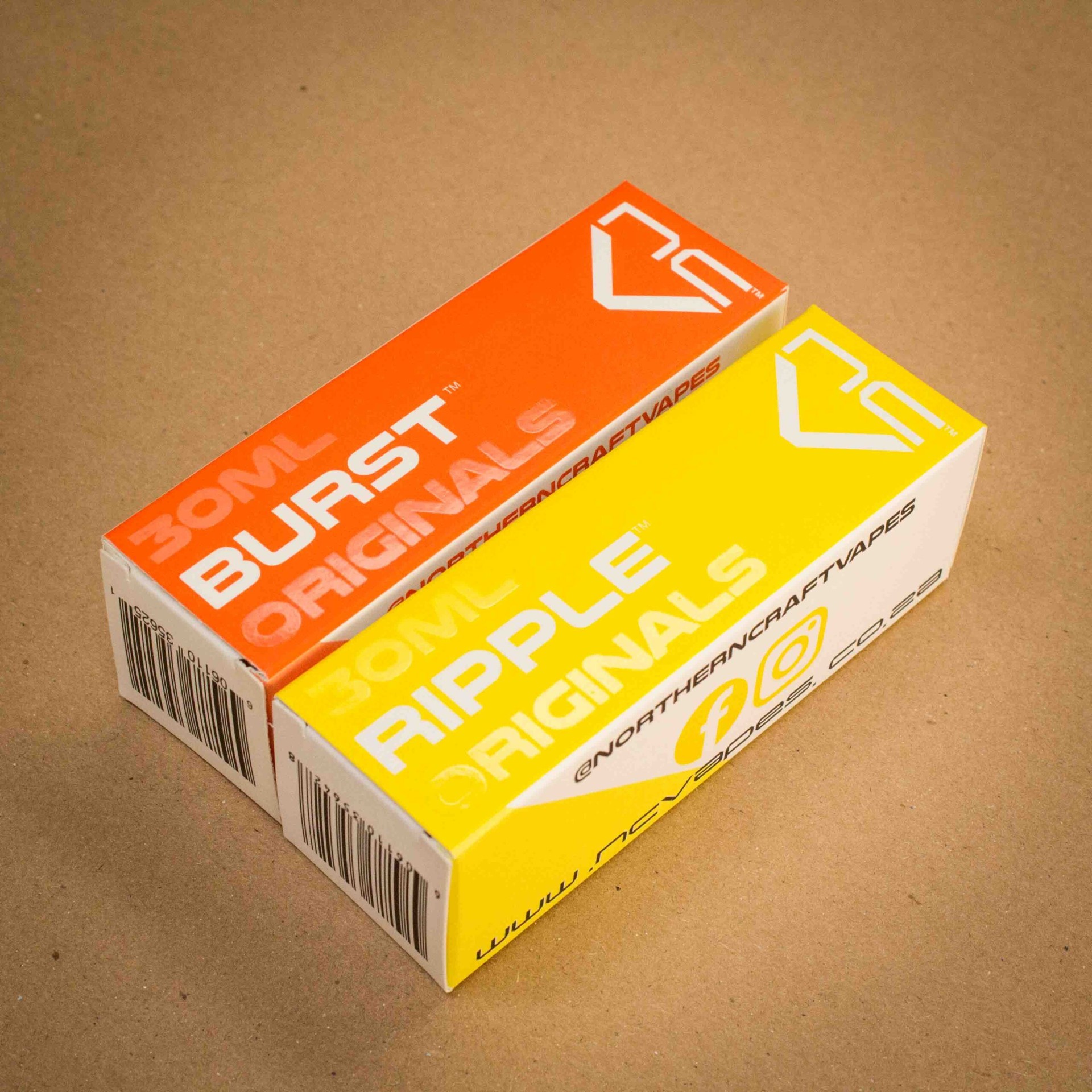 Northern Craft Vapes Burst and Ripple Originals 30ml vape cartons in orange and yellow