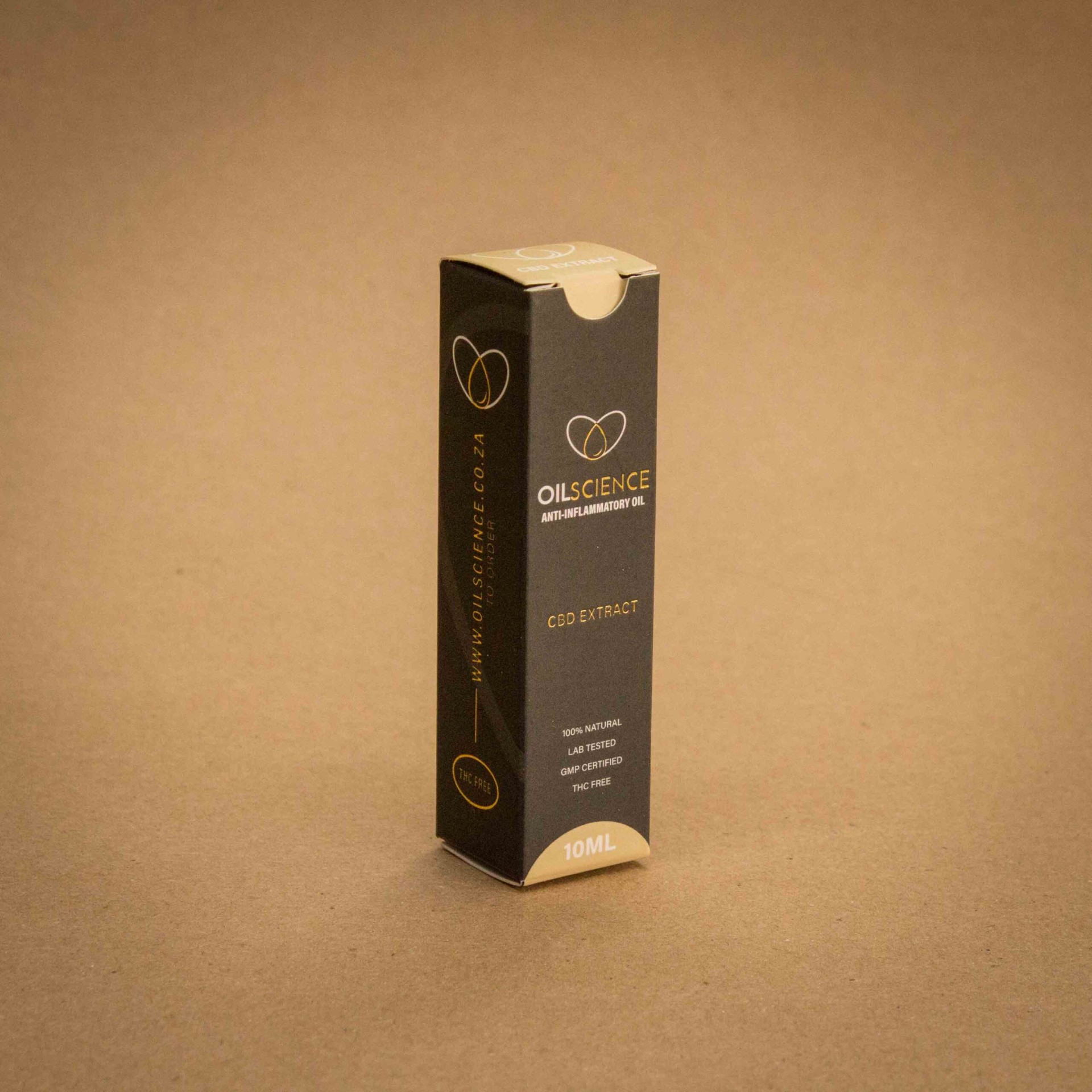 OilScience CBD Extract 10ml anti-inflammatory oil folding carton in matte black and gold