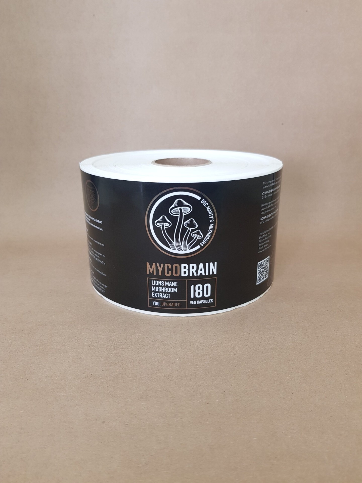 Doc Marty's Mushrooms MycoBrain Lions Mane extract self-adhesive label roll in black and copper