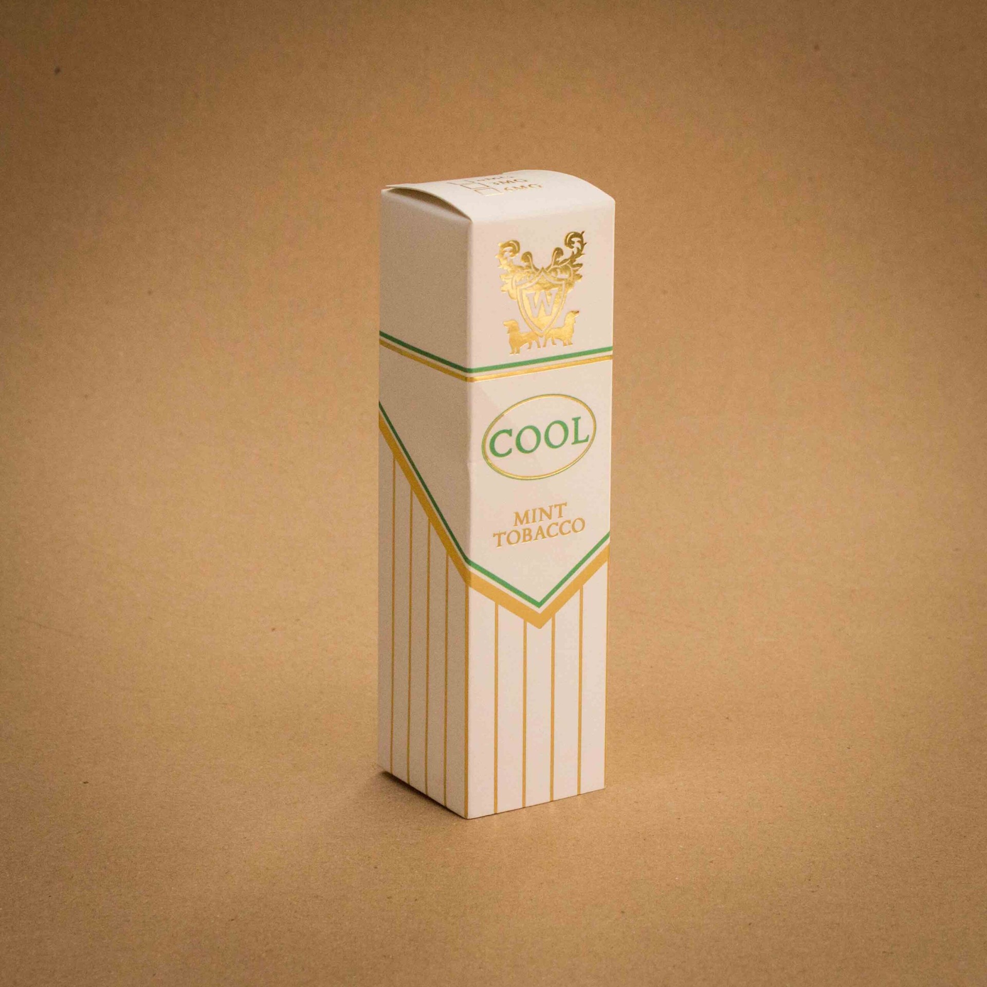 Cool Mint Tobacco vape carton with gold foil crest on cream and green stripes