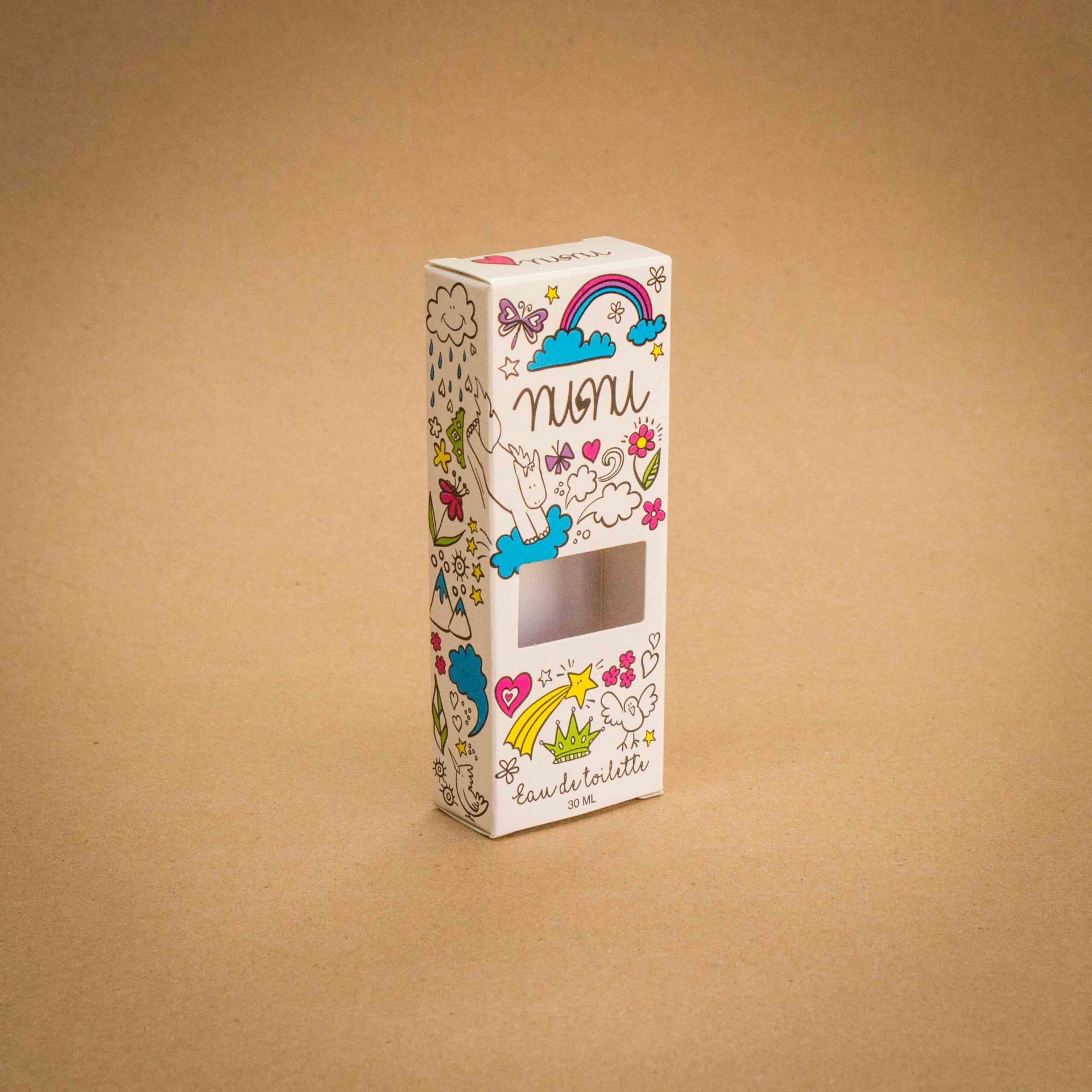Nunu children's eau de toilette folding carton with hand-drawn doodles and window patch