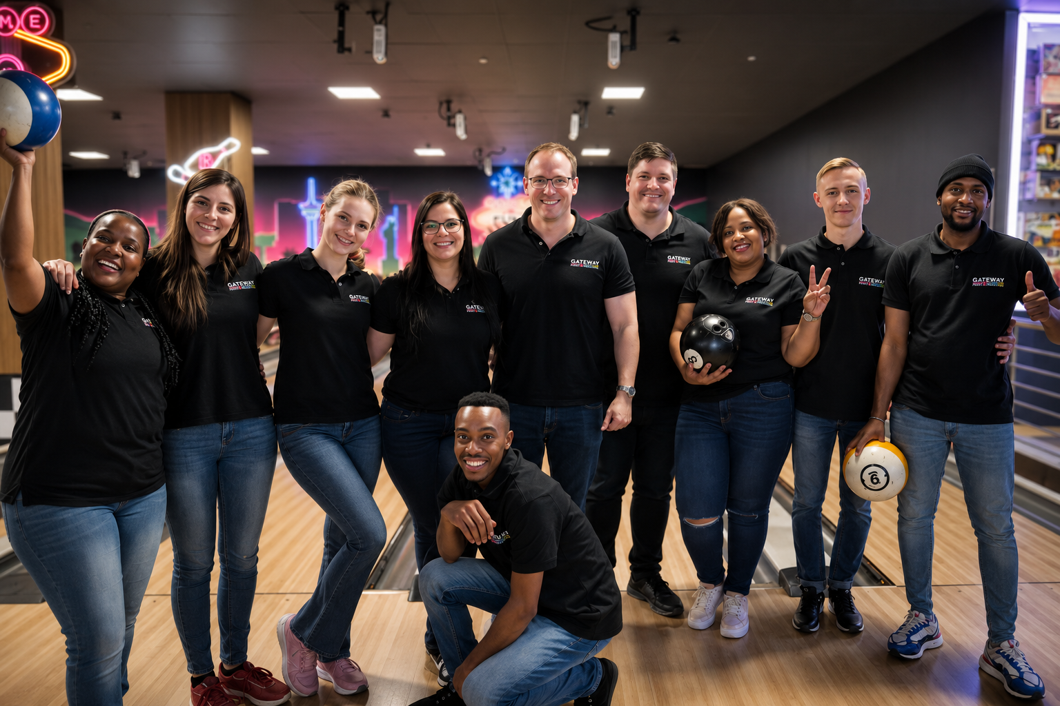 Gateway Print & Packaging team at a bowling social wearing branded black polo shirts