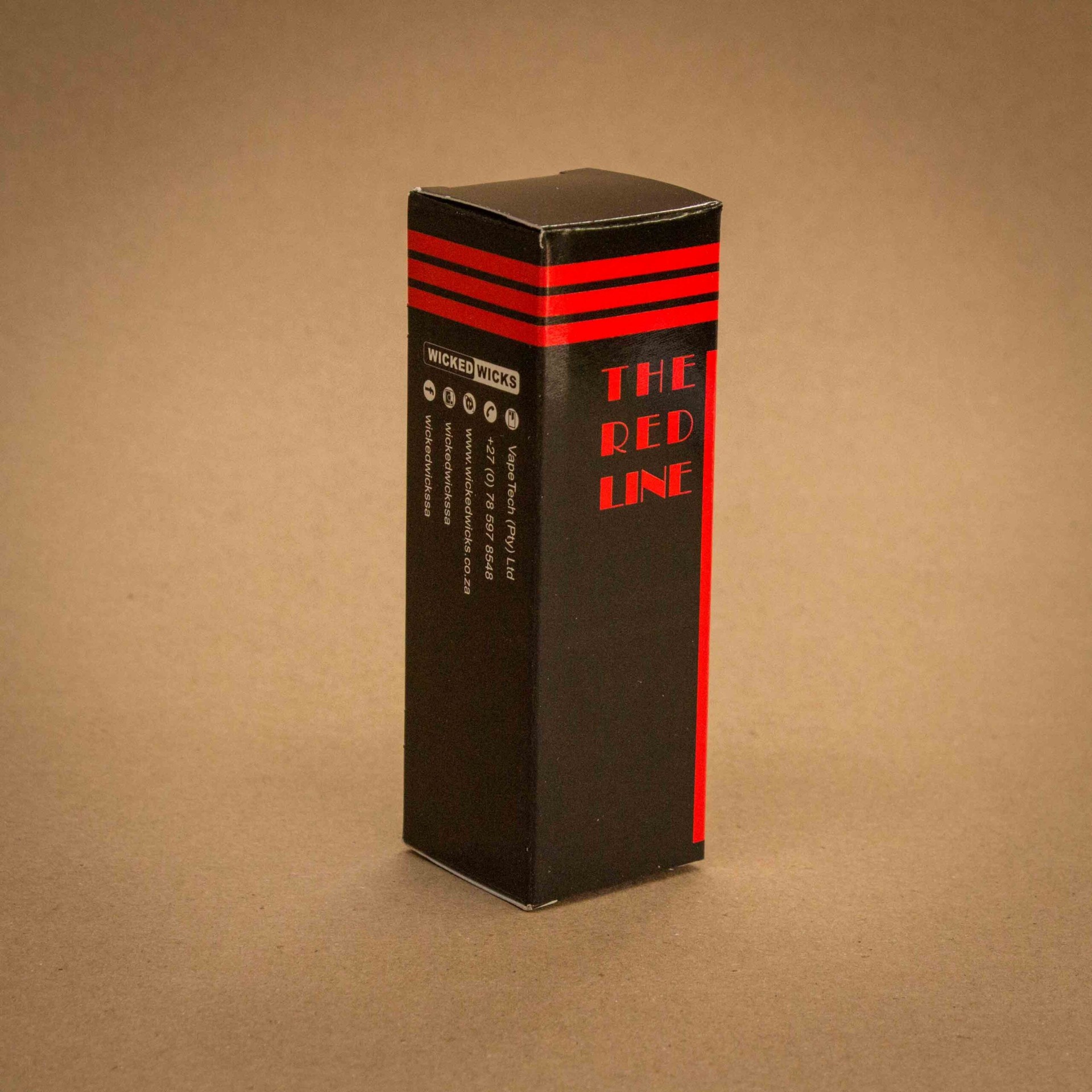 Wicked Wicks The Red Line vape juice folding carton in black with red stripes