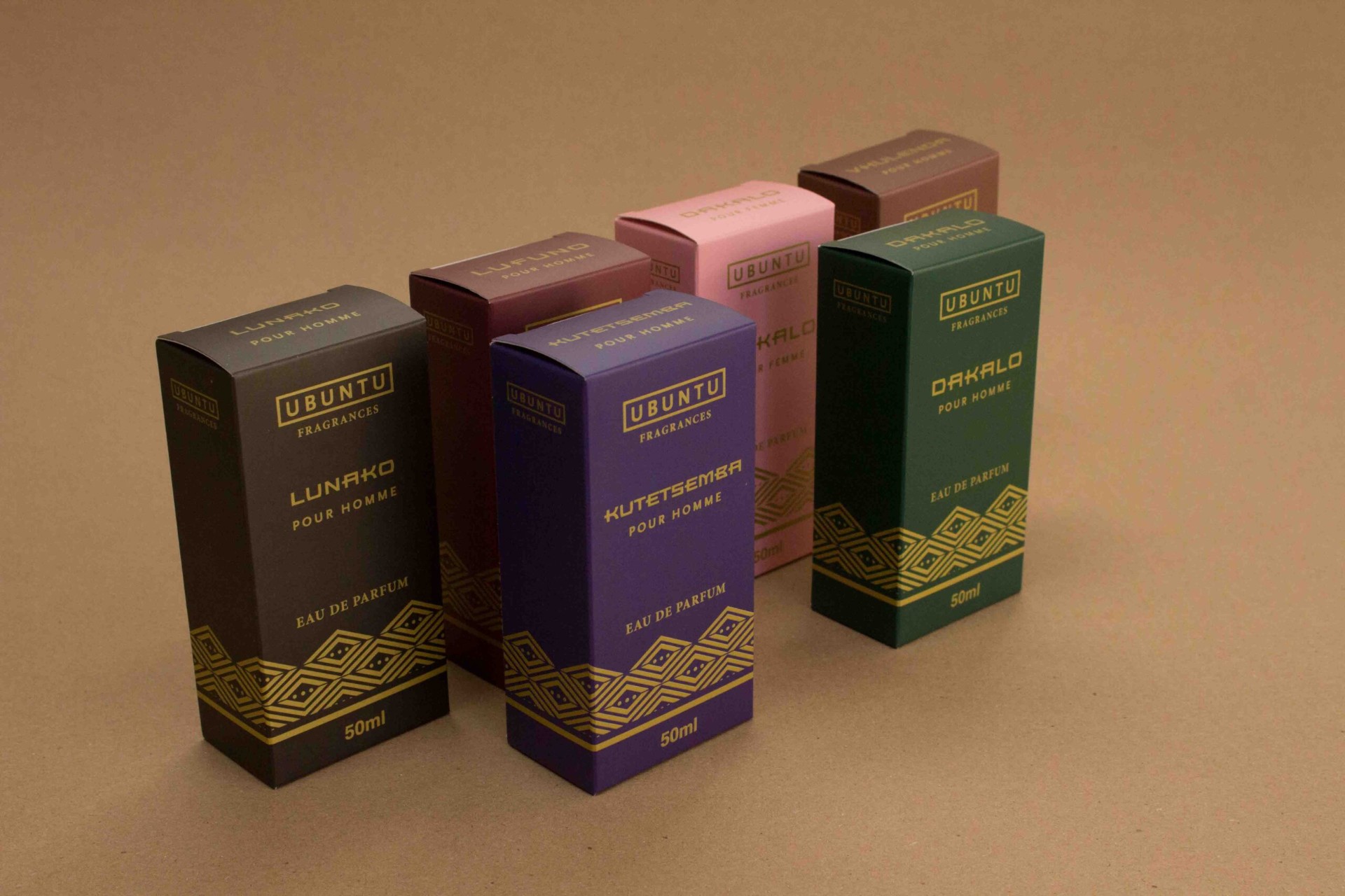 Ubuntu Fragrances eau de parfum folding carton set with gold foil geometric pattern in five colours